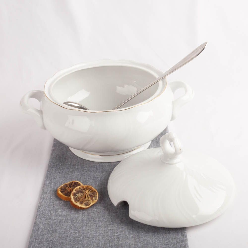 Franquihogar - Lubeck, Zuppiera in porcellana con coperchio, per zuppe, classica, con filo oro e decorazione, 1 l
