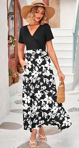 Image of WNEEDU Women's Summer Maxi Dress Short Sleeves Wrap V Neck Long Dresses with Pockets