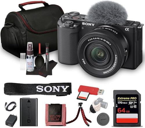 Sony ZV-E10 Mirrorless Camera Kit with 16-50mm II Power Zoom Lens (Black) | APS-C Sensor | Compact Creator Tool + 64GB Card + Bag + Card Reader + HDMI Cable + Flex Tripod + Hand Strap + More