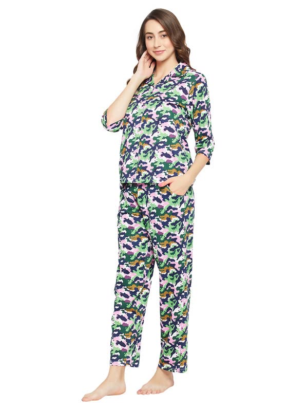 Image of Clovia Women's Cotton Camouflage Print Button Down Shirt & Pyjama Set In Multicolor