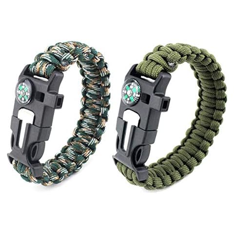 Paracord Survival Armband, Deesospro® 2 Stück Survival Kit mit Flint Fire Starter, Schaber, Kompass, Pfeife und Fallschirmseil Schnalle Cover