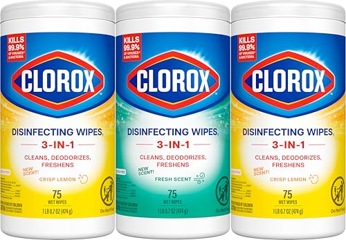 Clorox Disinfecting Cleaning Wipes for Spring Cleaning & Allergy Season, Bleach Free, Fresh Scent and Crisp Lemon, 75 Count Each, Pack of 3