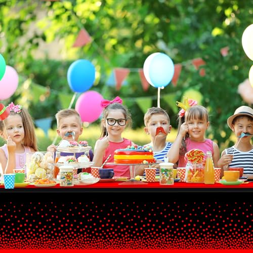 Image of 6 Pack Black and Red Tablecloth Party Decorations Plastic Black Tablecloth Printed Red Table Runner 54 x108 Inch Disposable Rectangle Table Cover for Birthday Wedding Graduation