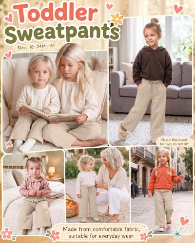 Image of Toddler Girls Wide Leg Pants | Baby Girls Sweatpants, Baggy Drawstring Pants with Pockets, Open Bottom Joggers, Back to School Trousers, for Kids 18M-5T