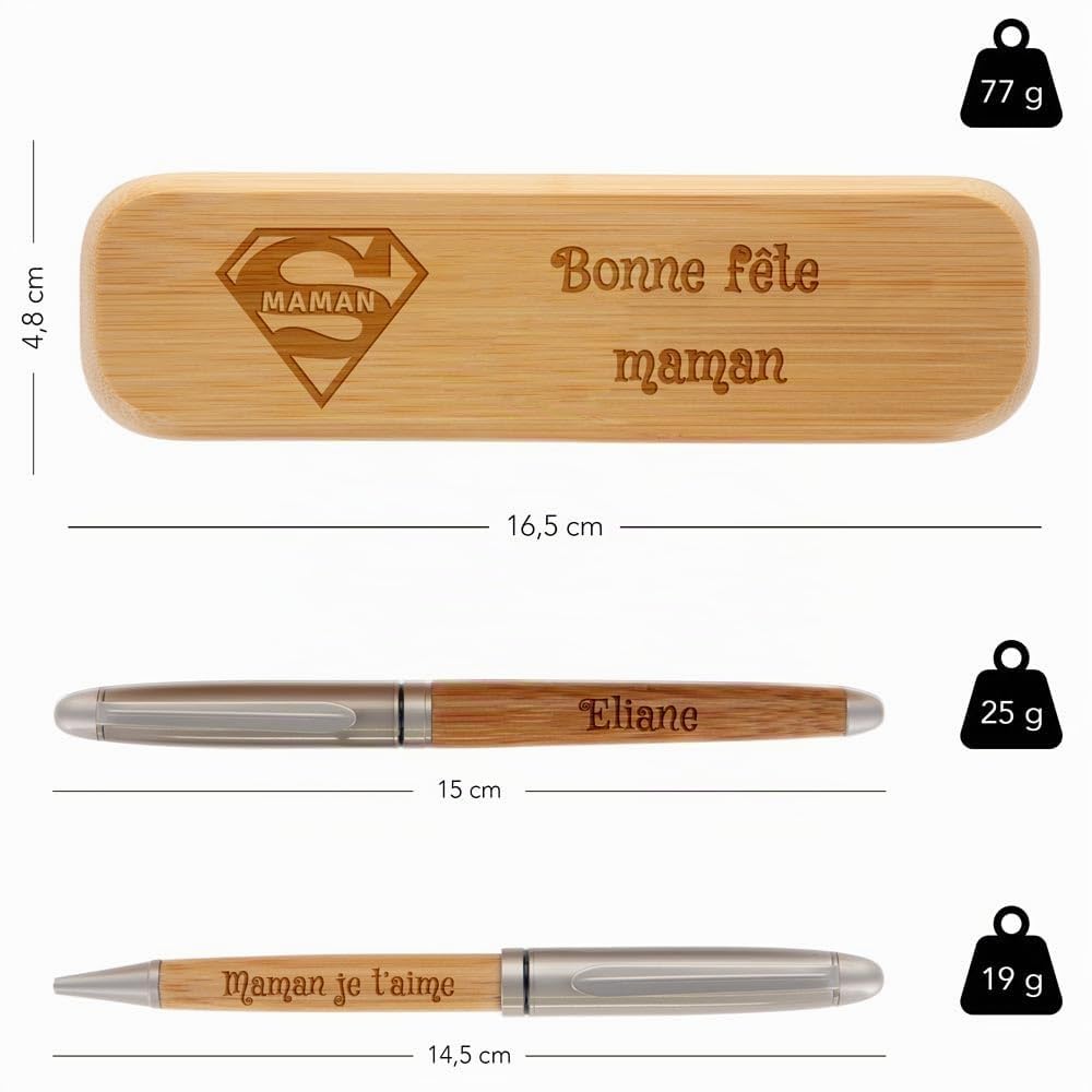 Ocadeau Coffret 2 stylos en bois personnalisé gravé – Gravure texte sur le coffret -Stylo bille et stylo roller