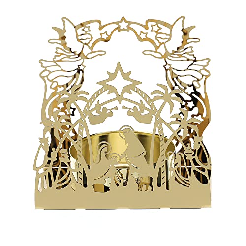 Hervit Portacandela Natalizia natività Sacra Famiglia Traforato in Metallo Cromato Oro 8.5X5.5X8cm