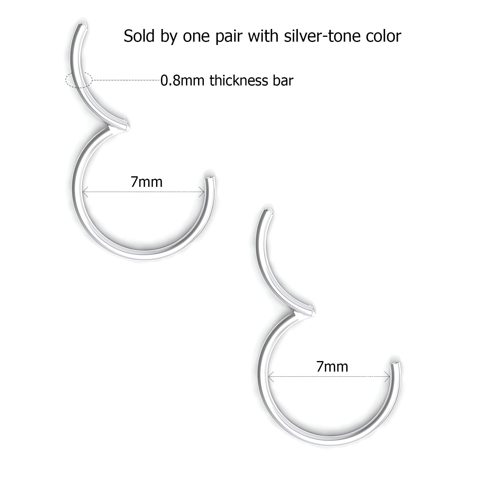 0.8mm/1.0mm/1.2mm/1.6mm Grosor 316L Acero Quirúrgico Bisagras Nariz Anillos Aro, Anillos de tabique Piercing Labio Hélice Cartílago Rook Pendientes, Diámetro 5mm a 12mm