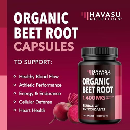 Organic Beetroot Capsules 1400MG | Potent Nitric Oxide for Healthy Blood Flow Support & Energy | 700MG Beetroot Powder Per Capsule | Nitric Oxide Supplements for Men & Women | Made in Canada | 120 Ct - 1