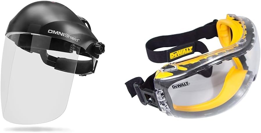 Lincoln Electric OMNIShield Professional Face Shield - Anti-Fog & Anti-Scratch Coated Clear Lens - Premium Headgear - K3752-1 & DEWALT DPG82-11C Concealer Clear Anti-Fog Dual Mold Safety Goggle