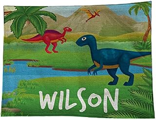 MakeThisMine Personalised Kids Placemat Dinosaur 1 Design Linen Style Reusable Non Slip Lunch Dinner Table Meal Mat Children's Name Printed Home Birthday Christmas Any Occasion Gift