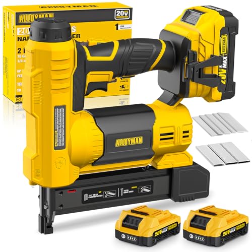 Alloyman 18 Gauge Nail Gun Battery Powered 2 in 1 Cordless Brad Nailer/Electric Stapler with 2*2.0Ah Battery and Charger 1000pcs Nails and 500pcs Staples Included for Home Improvement & Woodworking
