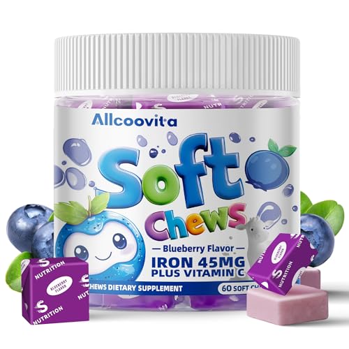 Iron Soft Chews Supplement with Vitamin C | Blueberry Flavored | Gluten Free | Iron Supplement for...