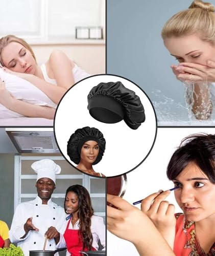 Image of NHCDFA Silk Hair Cap for Sleeping, Silk Bonnet for Hair, High Resilience Satin Hair Cap for Sleeping for Women Girls Black Bonnet Fit for Most Head Sizes