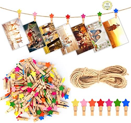 Bubuyun 100Pcs Mini Wooden Clips Wood Photo Clips, Wooden Clothespins Photo Paper Mini Pegs Craft Scrapbooking with 10M Jute String for Hanging Photos Memo Wedding Party DIY Craft Decoration
