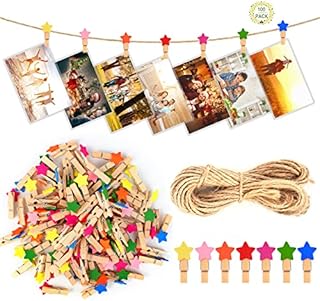 Bubuyun 100Pcs Mini Wooden Clips Wood Photo Clips, Wooden Clothespins Photo Paper Mini Pegs Craft Scrapbooking with 10M Jute String for Hanging Photos Memo Wedding Party DIY Craft Decoration