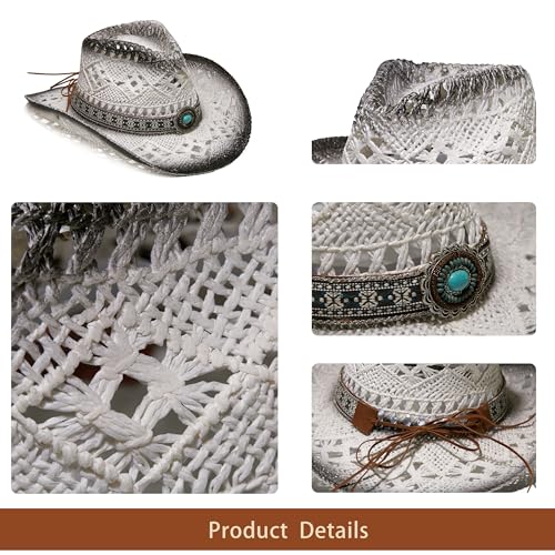 Image of YOUBADU Western Straw Cowboy and Cowgirl Hats with Decorative Bands - Unisex Wide Brim Raffia Style Sun Hat