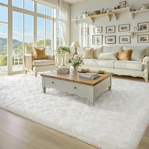 BENRON Fluffy Rugs for Living Room 5x8 Cream White, Washable