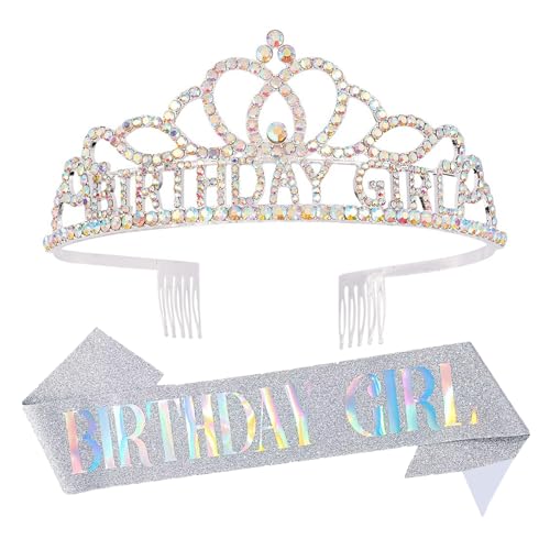 Chanaco Happy Birthday Crown and Sash Kit for Women and Girls - Rhinestone Tiara and Sashes with BIRTHDAY GIRL Sash for Party Favors