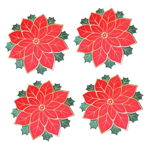 OFFSCH 4 Piezas Manteles Navideños Manteles De Invierno De Temporada Mantel Navideño Redondo Manteles Individuales Bordados Manteles De Nochebuena Manteles Rojos Posavasos Fibra Química