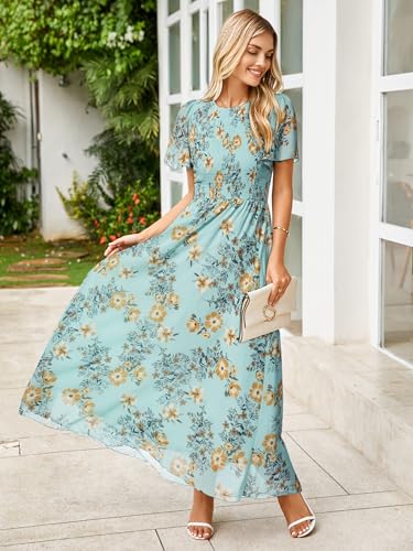 Image of Simplee Womens Casual Floral Summer Maxi Dress 2026 Boho Flowy Short Sleeve Crew Neck Vacation Smocked Chiffon Dresses