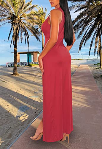 Image of Women's Sexy V Neck Sleeveless High Split Club Party Maxi Dresses