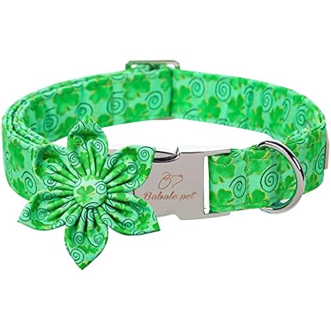 2023 New St.Patrick's Day Dog Collar with Flower Tie-Babole Pet, Green Clover Male Dog Collar with Safety Metal Buckle Adjustable Puppy Collars for Small Medium Large Boy & Girl Dog,L-Neck 16"-24" Cover