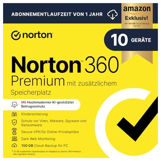 Norton 360 Premium mit extragroßer Backup-Kapazität – Amazon Exklusiv* 75GB zusätzlicher Cloud-Backup Speicher. Antivirus Software für 10 Geräte und einem Jahr Laufzeit