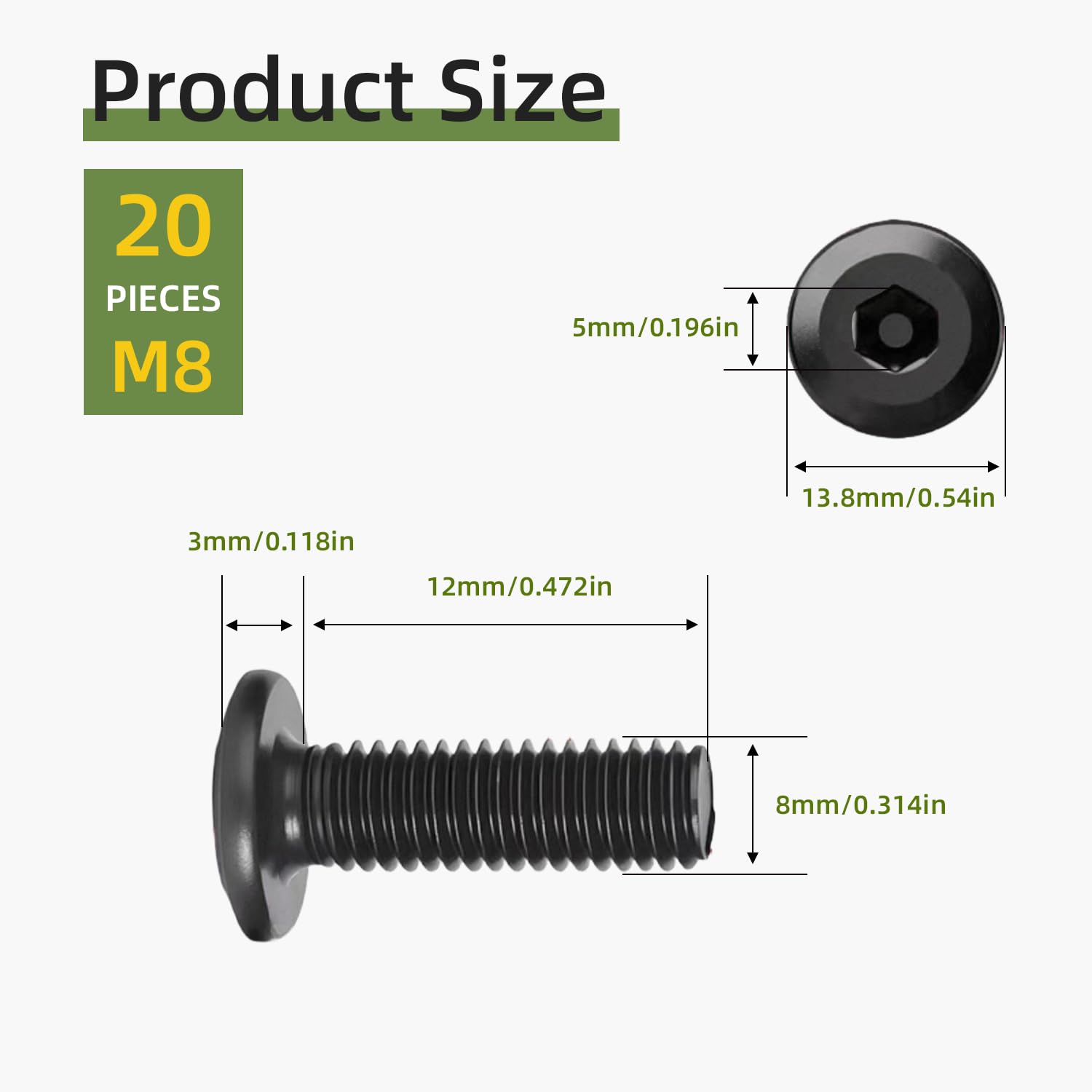 M8x12mm Hex Flat Head Socket,20Pcs M8 Bolts,Fully Thread 304 Stainless Steel Bolt,Furniture Screws Bolts,Black zinc plating,with Hex Key - Image 2