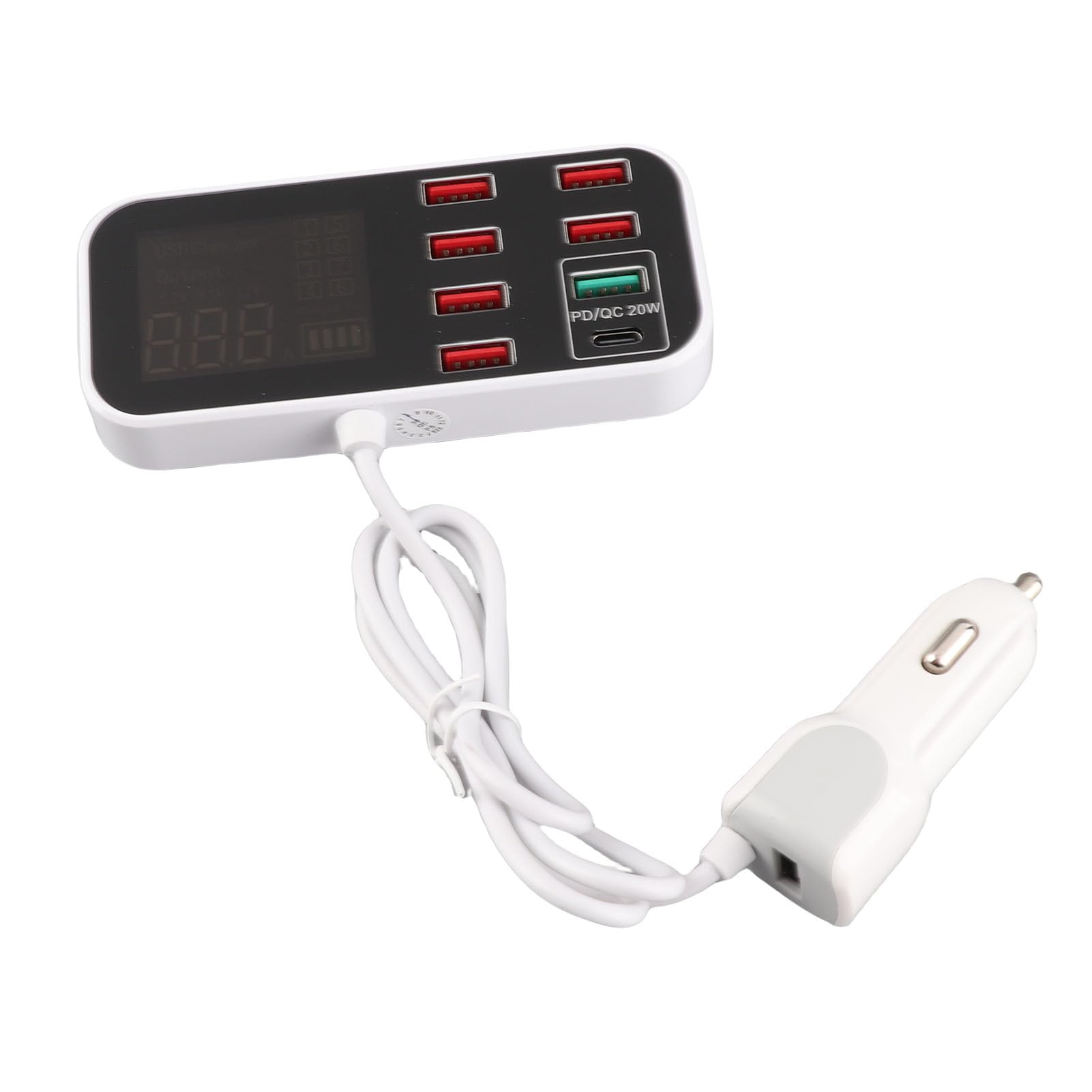 Adattatore Caricabatteria per Auto USB a 8 Porte, Stazione di Ricarica per Auto Multi USB con QC3.0 e PD di Tipo C, Monitoraggio in Tempo Reale, Durevole, Leggero, per Auto, Viaggi