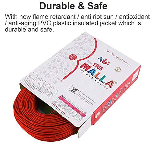 Image of MALLA Copper Wire with Triple Layer PVC Coating, Single Core Flexible Electric Cable for Domestic & Industrial Connections (2.5 mm, 90m Long, Red, 2 Pcs)