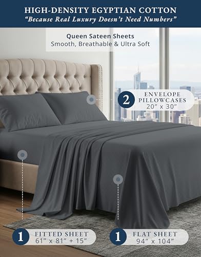 Image of LANE LINEN Queen Bed Sheets Deep Pocket Egyptian Cotton Sateen - Charcoal | White Bed Sheets Queen - 4-Piece Set, For A Luxurious Night's Sleep, For A Silky Hotel-Style Bed, Luxe Sheen, Plush