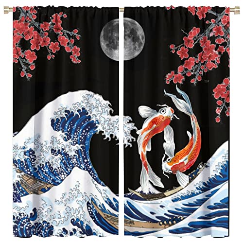 Koi Fish Curtains,Fantasy Yin Yang Japanese Big Wave Koi Cherry Blossom Room Window Curtains,42x45in Decor