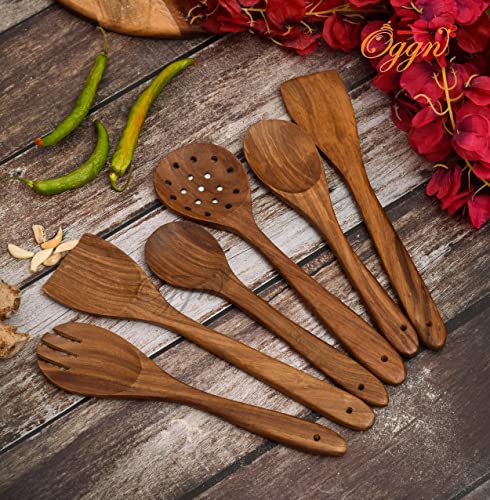 Image of Sanjeev Kapoor by OGGN Sheesham Wood Serving & Cooking Spoon Set of 6, Handmade Wooden Spatula Set for Cooking, Non Stick Kitchen Tools, Turner, Ladle, Pasta & Frying Spoon, Natural Cookware
