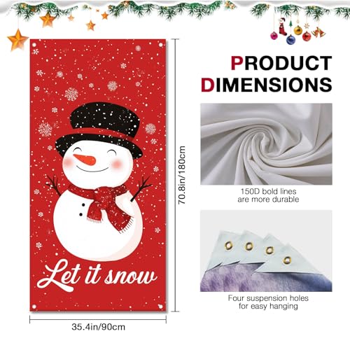 Image of BlissYard Merry Christmas Door Cover 71x35 Inch Front Porch Door Banners Decoration Winter Red Background Snowman with Hat and Scarf Winter Wonderland Theme for Sign Party Indoor Decor