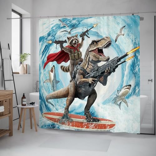 Image of Funny Raccoon Riding Dinosaur Shower Curtain, Cool Animal Surfing Ocean Wave Bathroom Decor Shower Curtain Set with Hooks, Waterproof Fabric Nautical Bath Curtain for Kids, 72X78 Inches