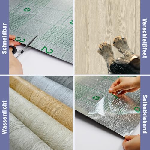 Oxdigi PVC Bodenbelag Selbstklebende 6m², Holzoptik Vinylboden Bodenfliesen, Verdickende Bodenaufkleber für Eingangstür, Wohnzimmer, Küche, DIY Zuschneidbar Vinyl-Fußböden 60x1000 cm