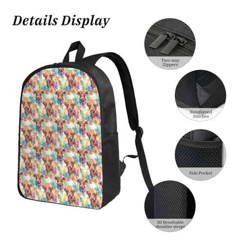 Floral Highland Cow 17 Inch Backpack Sets Lunch Bag Lightweight Daypack for Men Women 3Pcs3