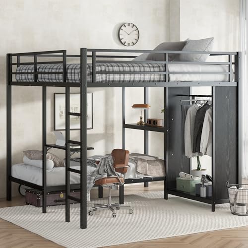 KEIKI King Over Twin XL Size Bunk Bed Frame with Built-in Wardrobe, Metal Loft Bunk Bed with Foldable Desk and Storage Shelf, Bunk Beds King Size for Adults Teen Kids, No Box Spring Needed, Black