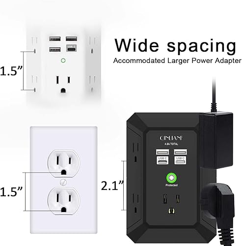 Miniatura 5 de QINLIANF cargador USB de pared, protector contra sobrecargas, extensor de 5 tomas con 4 puertos de carga USB (4.8 A en total), 3 lados, 1,680 J