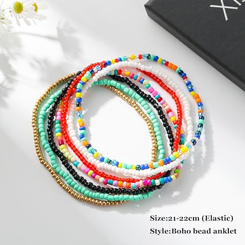 XIJIN 18 Pieces Elastic Beaded Anklets for Women Handmade Beach Boho Colorful Beads Ankle Bracelets Set4