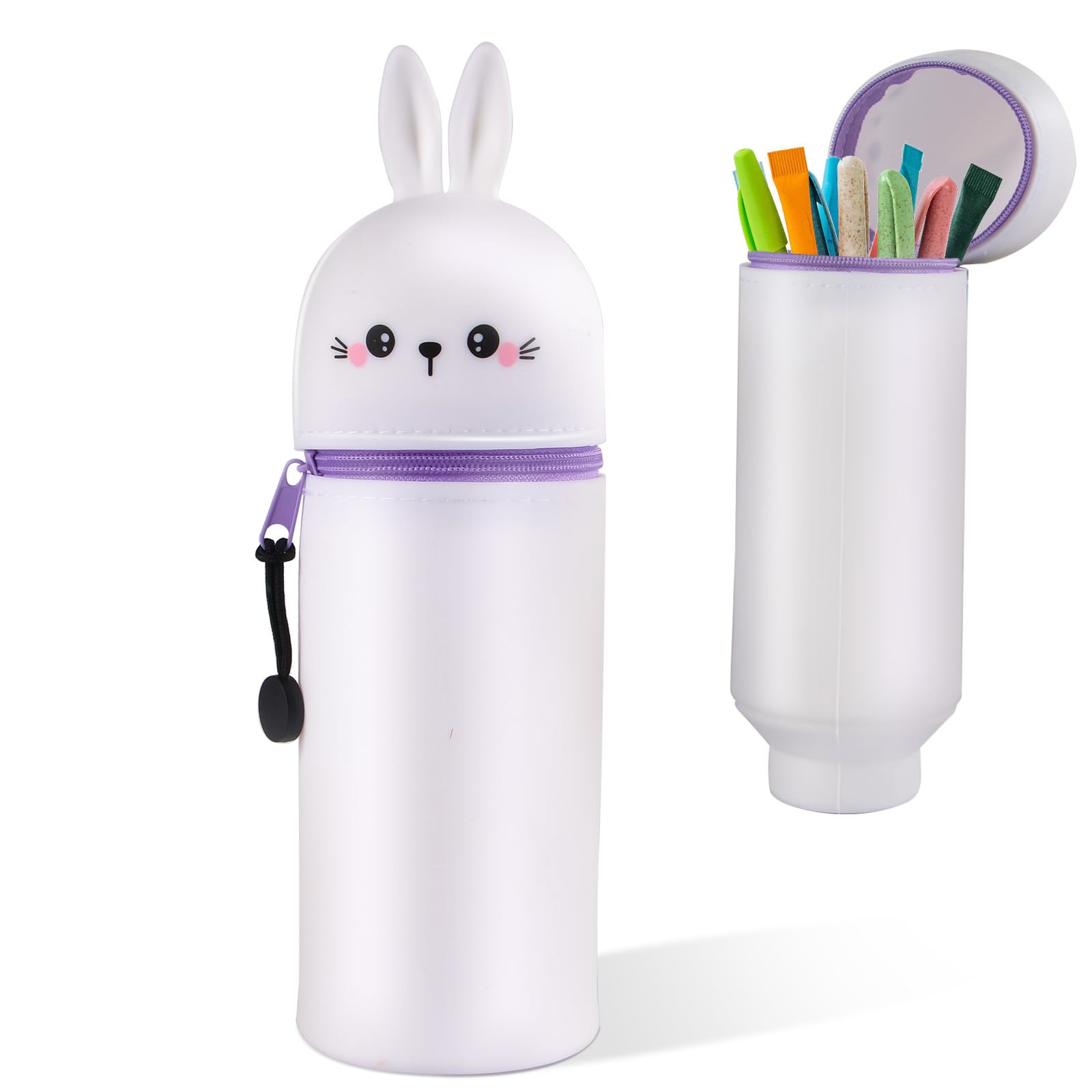 iulrtba Kawaii 2-in-1 Silikon Federmäppchen, Federtasche & Stiftehalter, Tierdesign, Schlampermäppchen für Schule, Büro - White Rabbit