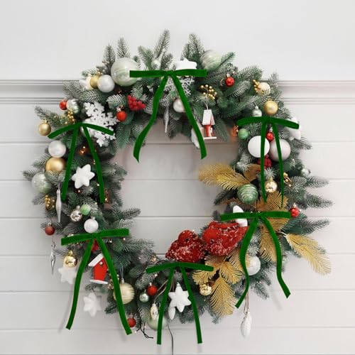 Image of 24 Pcs Green Velvet Bows Ornaments for Christmas Tree, Vintage Rustic Elegant Velvet Christmas Bows Tree Decorations, Indoor Home Decor for Wreath Mantle Gift Wrap Holiday Decor, 3 /8'' W, 5 * 7 inch