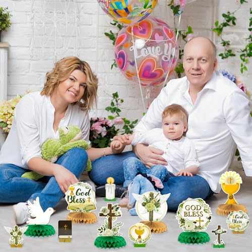 Image of ANGOLIO God Bless Honeycomb Centerpieces, 12PCS Baptism Table decorations | Green Cross Floral Church Anniversary Decorations, Baby Shower Birthday Party Supplies, Christian Celebrations Party Favors