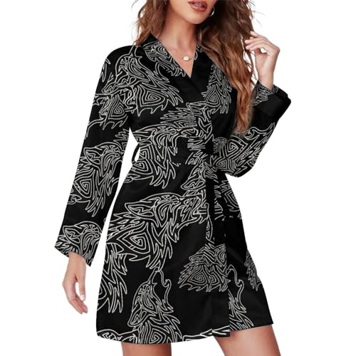 Tribal Wolf Howl Women's Short Robes Long Sleeve Belted Bathrobe Nightgown V Neck Sleepwear