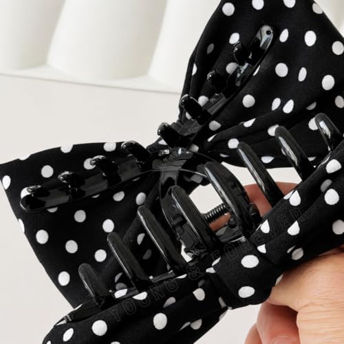 Image of Young & Forever Polka Dot Bow Hair Claw Clip for Women & Girls - Oversized Black and White Fabric Bow Hair Accessories for Thick Hair, Stylish French Hair Clips