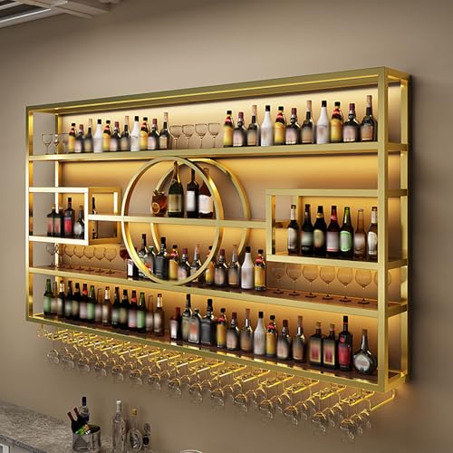 Image of 95in Wine Rack Wall Mounted, Large Capacity Hanging Wine Bottles Display Shelf with Glasses Holder, 4 Tier Industrial Bar Liquor Storage Shelves for Home Bar Kitchen,Living Room (Gold, 95in)