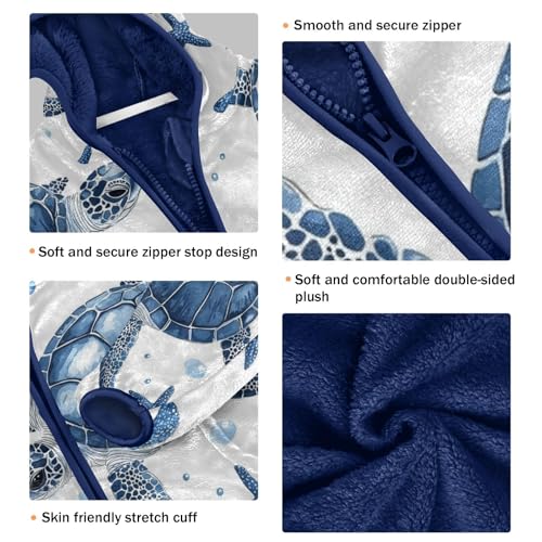 Blue Sea Turtle Pattern Toddler Fleece Jacket Girl Boys Hooded Fleece Jacket Coat Warm Outwear Zip-up 3-10T3