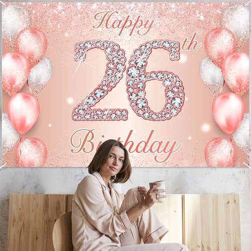 Image of Happy 26th Birthday Rose Gold Banner Cheers to 26 Years Old Backdrop Confetti Balloons Theme Decor for Women 26 Years Old Pink Birthday Party Decorations Bday Supplies Background Favors Gift Glitter