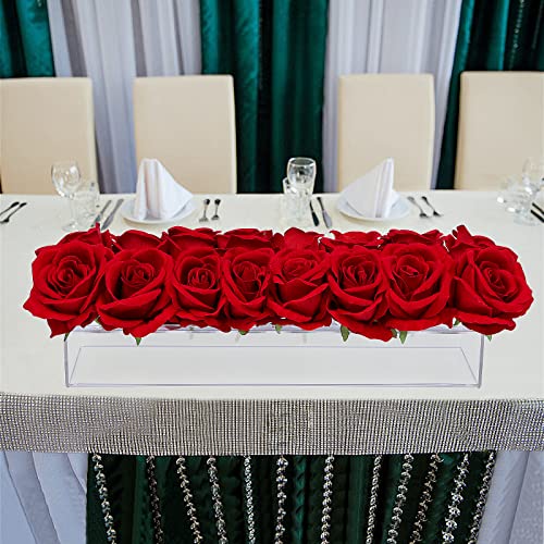 Rectangular Flower Vase Acrylic Clear, 15.7 In Rectangle Floral Arrangements Centerpiece For Dining Table, Flower Box For Wedding Tables Centerpieces Home Party Decorations（16 Holes With Led Light） #TOP1