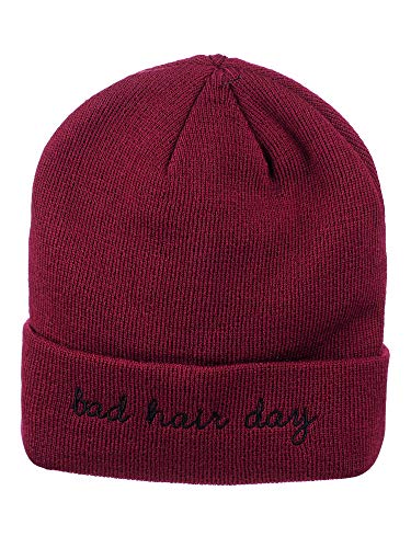 D&Y Double Layered Cuffed Beanie with Bad Hair Day Embroidery, Burgundy